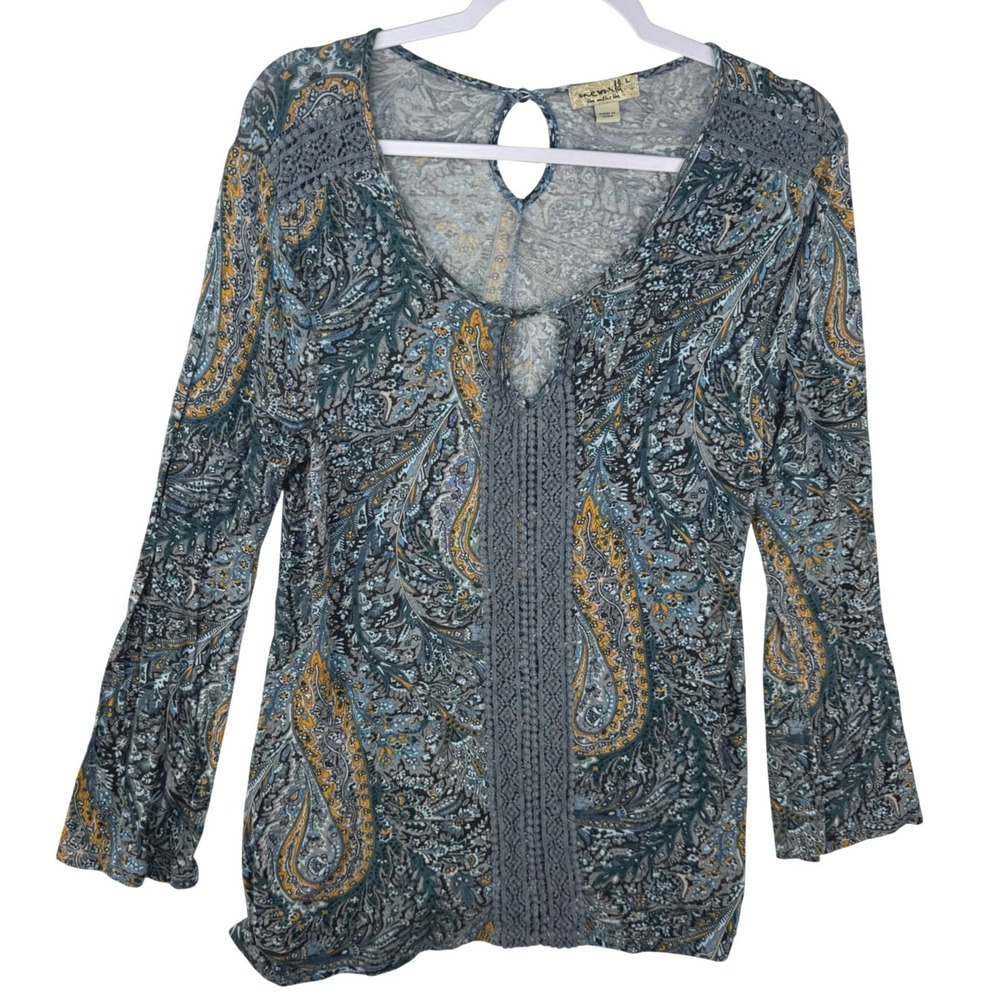 One World Womens Blue Paisley Crochet Lace Trim Bell Sleeve Top Large‎ RN119794